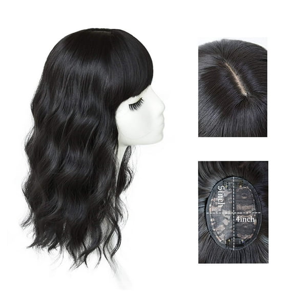 viviaBella 27/613# Loose Water Wavy Hairpiece Clip in Fluffy Topper With Choppy Bangs Synthetic Hair Toupee for Women Girls (18inch, Mixed Blonde)