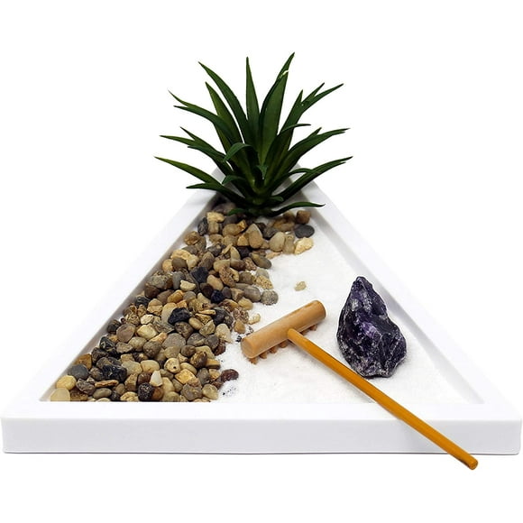 ERDS-Mini Zen Garden Kit for Desk with Rake, White Sand, White Triangle Base, Crystal Rock, Mini River Rocks and Air Plant, (7Lx6W Triangle W)