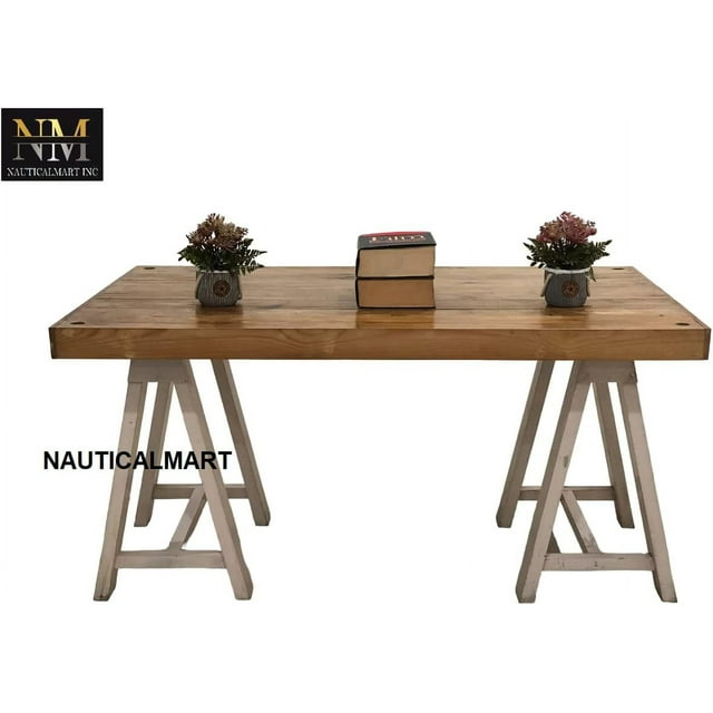 Coffee Table Furniture Campaign Style Desk Dining Table Home, Industrial & Restaurants Furniture Flat Natural Finish Table Top with Cross Legs Table