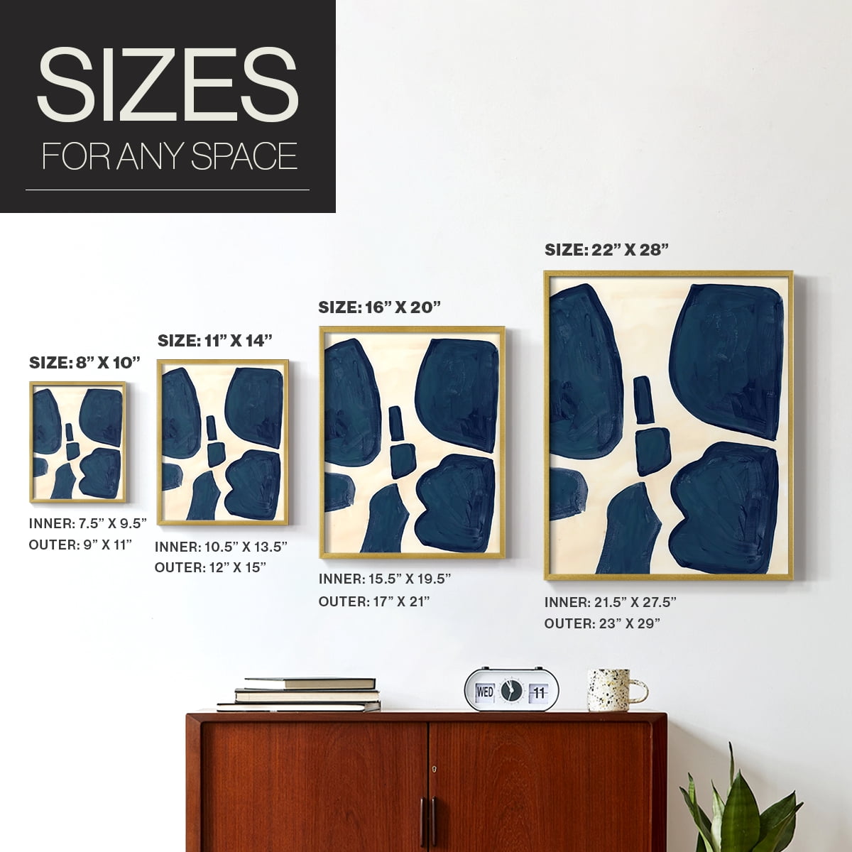 Blue Pieces II Framed Print in Gold Solid Wood Framed Print No Nail Hanging