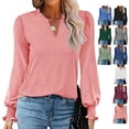 thumbnail image 4 of Blusa con volantes, manga abullonada, cuello en V, manga larga, color puro, tops de moda para mujer, 4 of 6