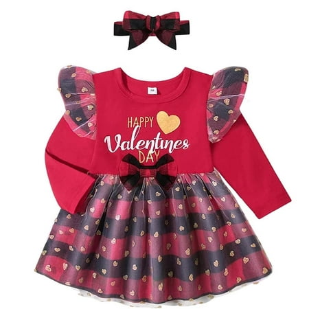 

StylesILove Baby Toddler Girls Long Sleeve Happy Valentine s Day Glitter Love Heart Tulle Plaid Ruffle Dress & Headband 2pcs Outfit (6 Months) Red
