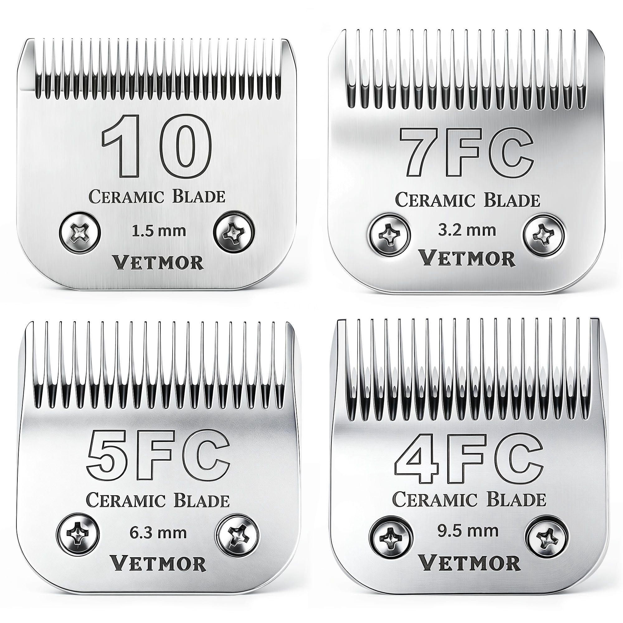 4 Pack Detachable Ceramic Dog Grooming Blades, Compatible with Andis, Oster A5, Wahl KM10 Series, Cutting Length 1/16" to 3/8" (10+7FC+5FC+4FC, Silver)