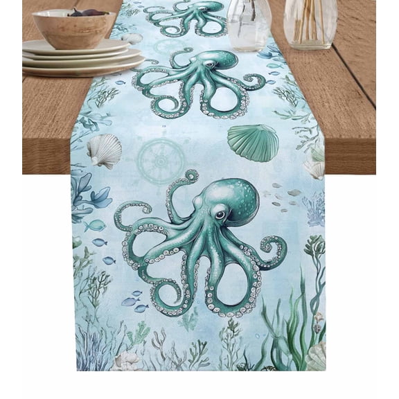 Hokiten Table Runners 70 Inches Long Dress Scarves, Coastal Octopus Farmhouse Coffee/Dining/Kitchen Table Decor, Holiday Table Runner, Cyan Nautical Fish Shells Seaweeds 13x70 Inch