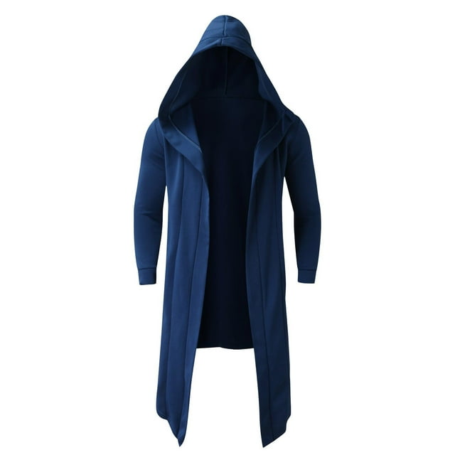 Men's Long Hooded Cardigan - Shawl Collar Open Front Knee-Length Drape Cape Overcoat with Patch Pockets (Loose Baggy Fit, Machine Washable)