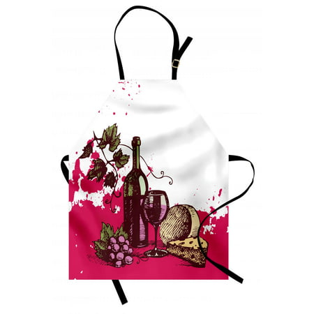 Wine Apron Vintage Sketchy Artwork Cheese Alcoholic Drink Fruit Abstract Design, Unisex Kitchen Bib Apron with Adjustable Neck for Cooking Baking Gardening, Hot Pink Olive Green Cream, by