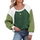 thumbnail image 1 of Sudadera de forro polar difuso con cuello redondo para mujer, informal, de moda, manga larga abombada, color block, Tops, verde, XL, 1 of 6