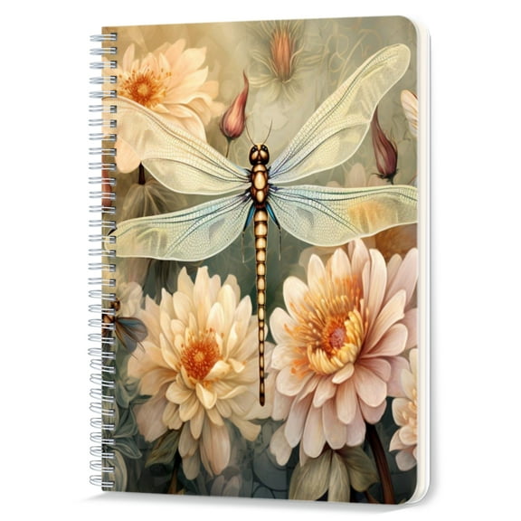 Spiral Notebook,Double-Wire Spiral College Lined Journal Notebook for Study and Notes,100 Pages,5.71x 8.26 in - Dragonflies among Soft - colored Flowers