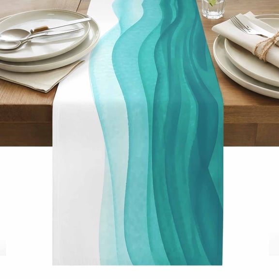 Ombre Turquoise Waves Table Runner - 72 Inch Long, Kitchen Dining Table Runner Dresser Scarves, Abstract Art Gradient Modern Farmhouse Decor for Coffee Tables Wedding Party Banquet