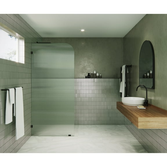 Glass Warehouse 34" x 78" Frameless Shower Door - Single Fixed Panel Fluted Frosted Radius Oil Rubbed Bronze 34 Inch - Left Oil Rubbed Bronze Finish