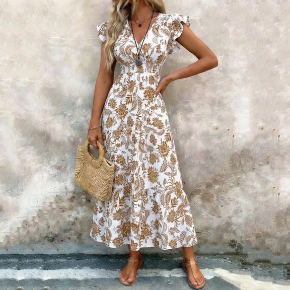 Qulqfy Wedding Guest Dresses for Women Plus Size Short Sleeve Floral Printed Maxi Ruffle Corset Boho Brown V-Neck Casual Long Dresses M
