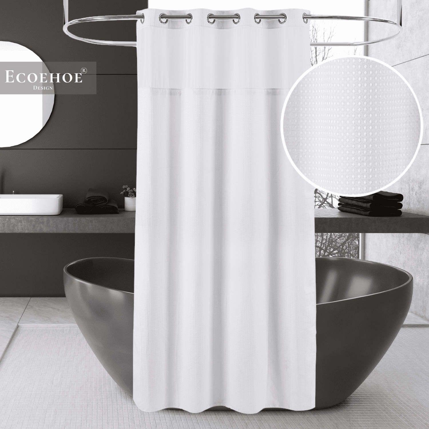 Ecoehoe 71x74 White Waffle Weave Fabric No Hooks Shower Curtain with