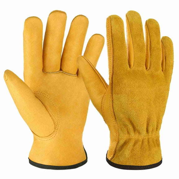 Leather Work Gloves For Men And Women Cowhide Gloves With Elastic Cuff Winter Warm Gloves For Wood Cutting/ Construction/ Truck Driving/ Gardening/ Yard Working Yellow, XL
