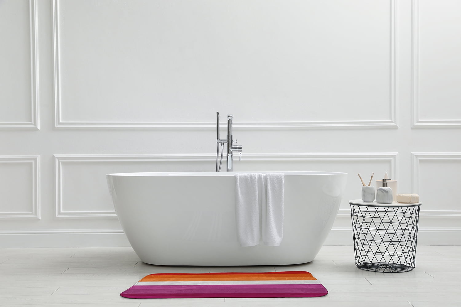 Simply Daisy 34" x 21" Plush Microfiber Orange/White/Pink Striped Bath Mat
