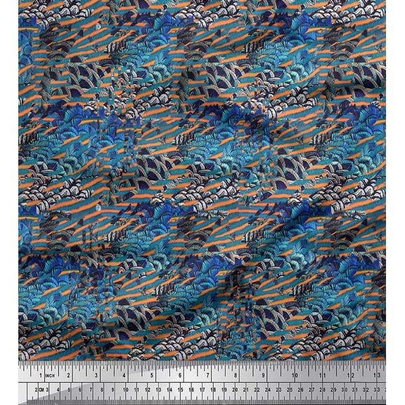 Soimoi Blue polyester Crepe Fabric Peacock & Fish Animal Skin Print Sewing Fabric Yard 42 Inch Wide