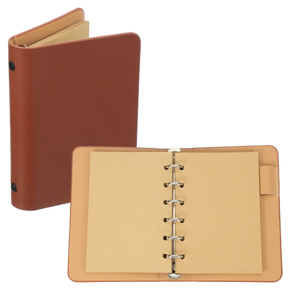 Uxcell 6 Ring Binder Cover, 1 Pack A7 kraft Leather Notebook Binder Mini Refillable Loose Leaf Personal Planner with 50 Sheets Paper, Brown