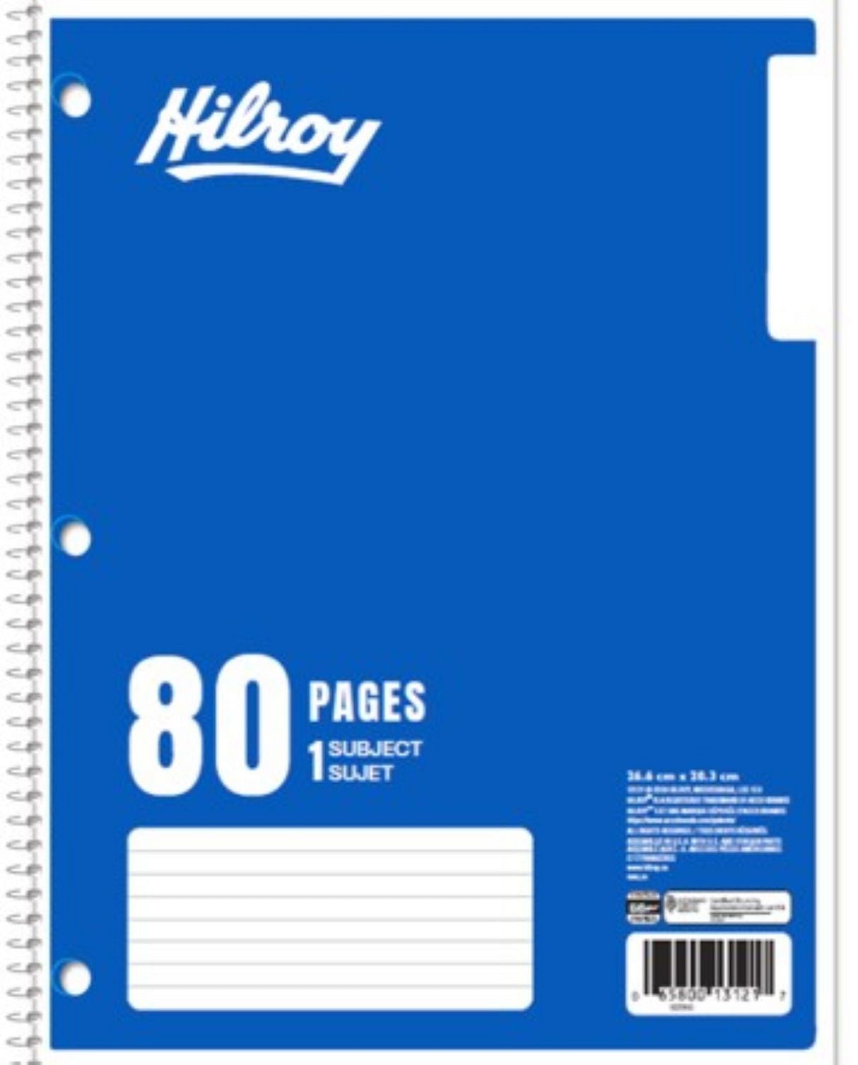 Hilroy Cahier à spirale à 1 sujet avec marge, 3 trous, 10 1/2 po x 8 po, 80 pages Cahier 1 sujet