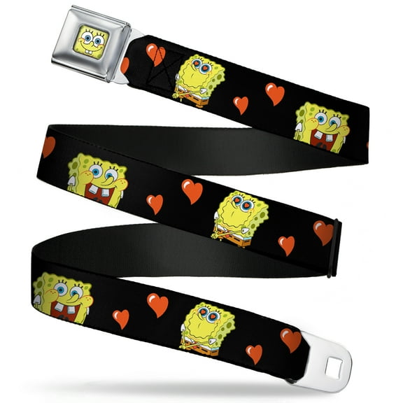 Nickelodeon Belt, Seatbelt Buckle Belt, Spongebob Love Eyes Hearts Black Red, 30 to 44 Inches