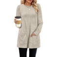 thumbnail image 4 of Women's Knitted Mid-Length Coat Round Neck Solid Color Pocket Warm Pullover Sweater 06-Khaki M, 4 of 5