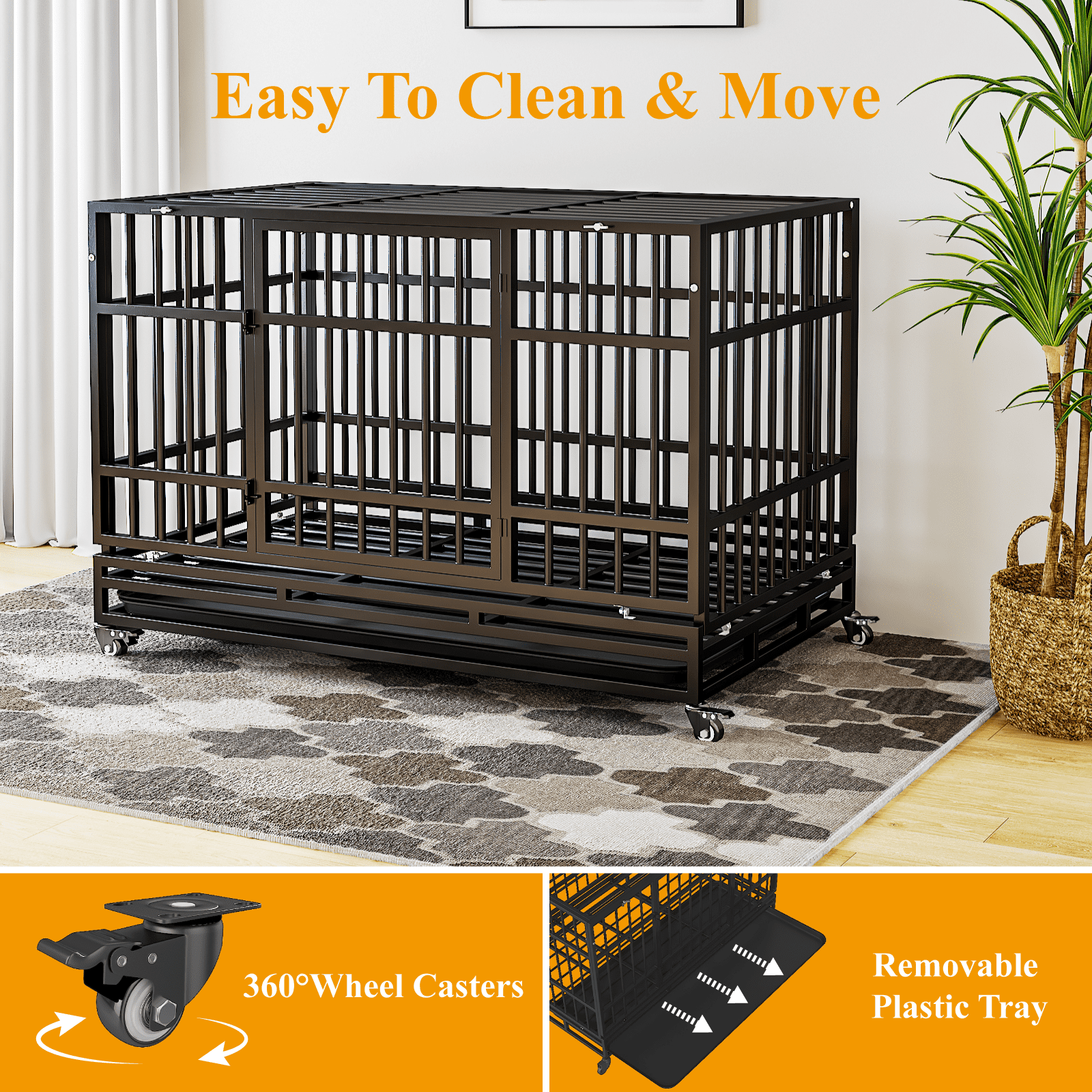 TIMHAKA 48 Inch Heavy Duty Indestructible Dog Crate w/ Double Doors Indoor Extra Large Dog Crate w/ Self-Locking Latch & Removable Tray