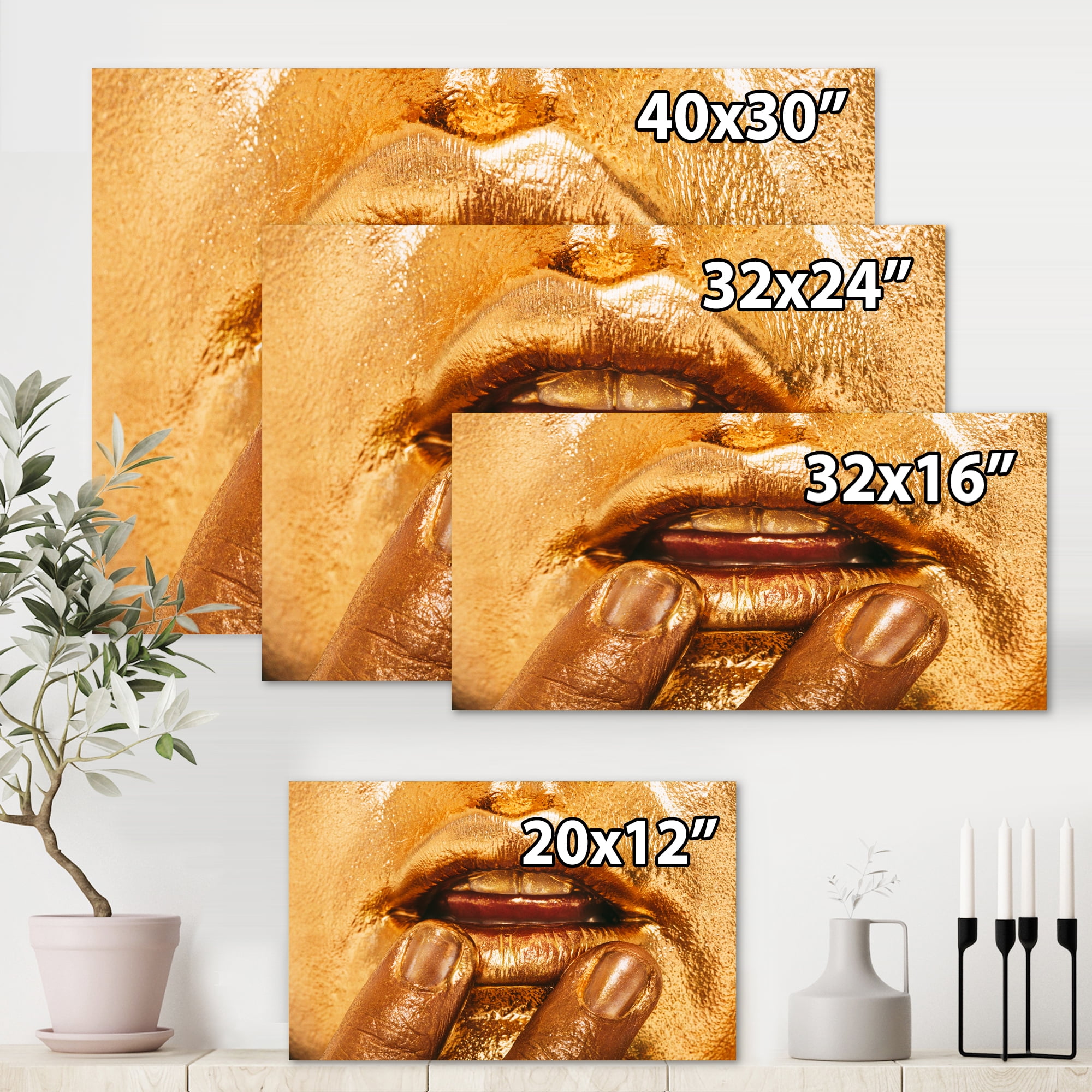 Designart ' Close Up Of Female Lips With Bright Golden Makeup i ' Modern Canvas Wall Art Print