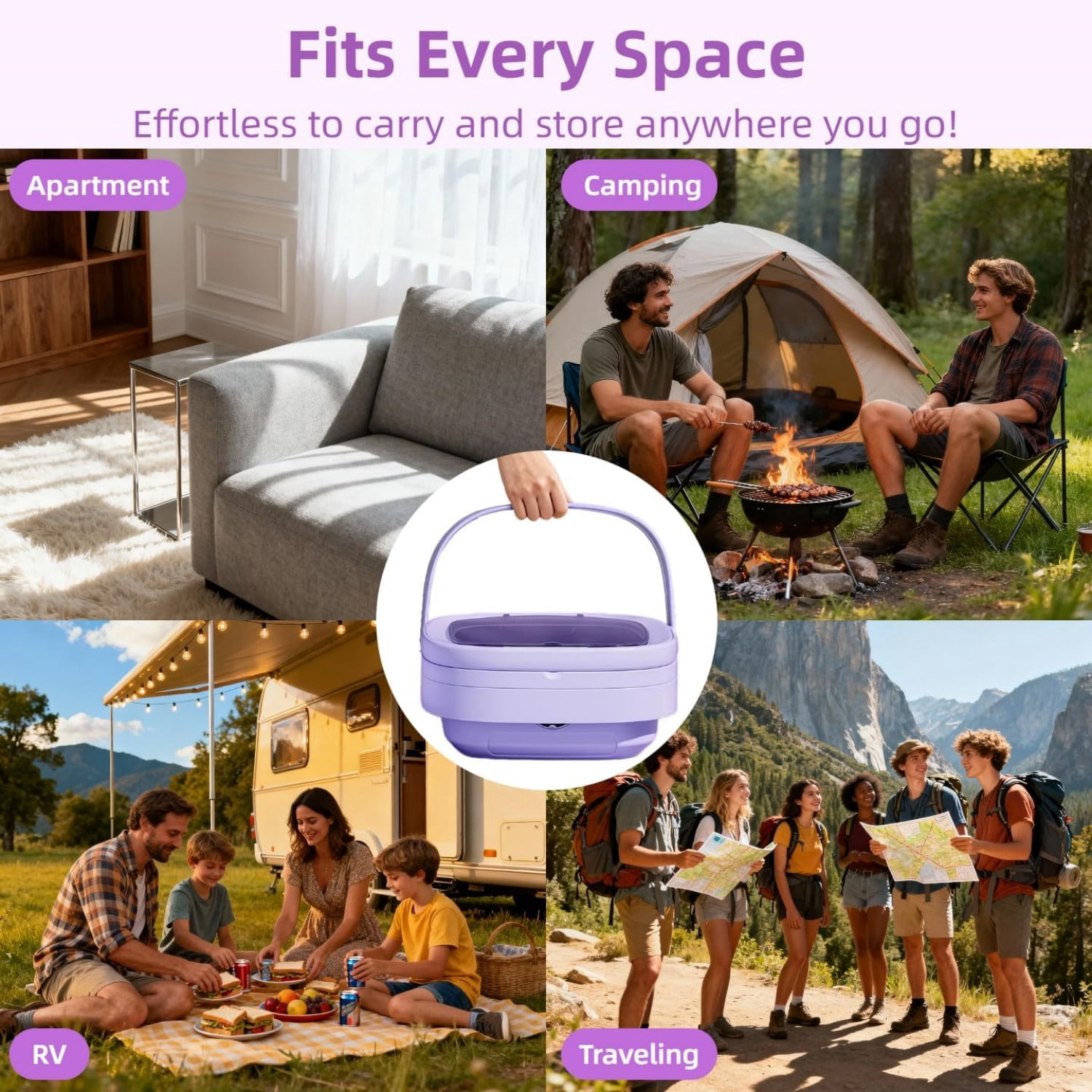 Beiled Portable Foldable Mini Washing Machine, 8 Liters, Purple , with Drain Basket and Drain Pipe
