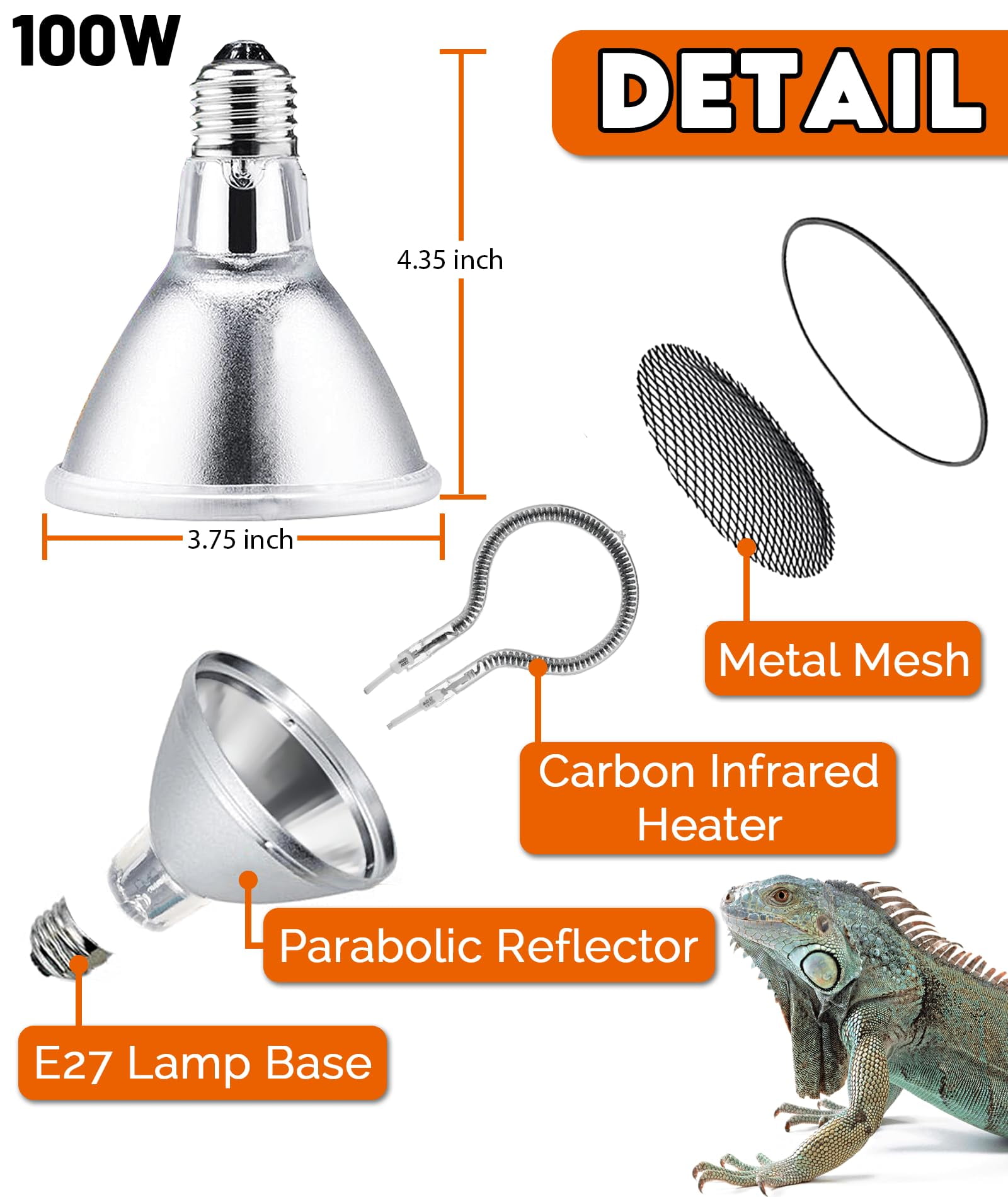 50W Deep Heat Projector Lamp for Reptiles - Infrared A & B Bulb with Reflector - Basking Heat Light for Bearded Dragons, Turtles, Snakes, Lizards & Amphibians