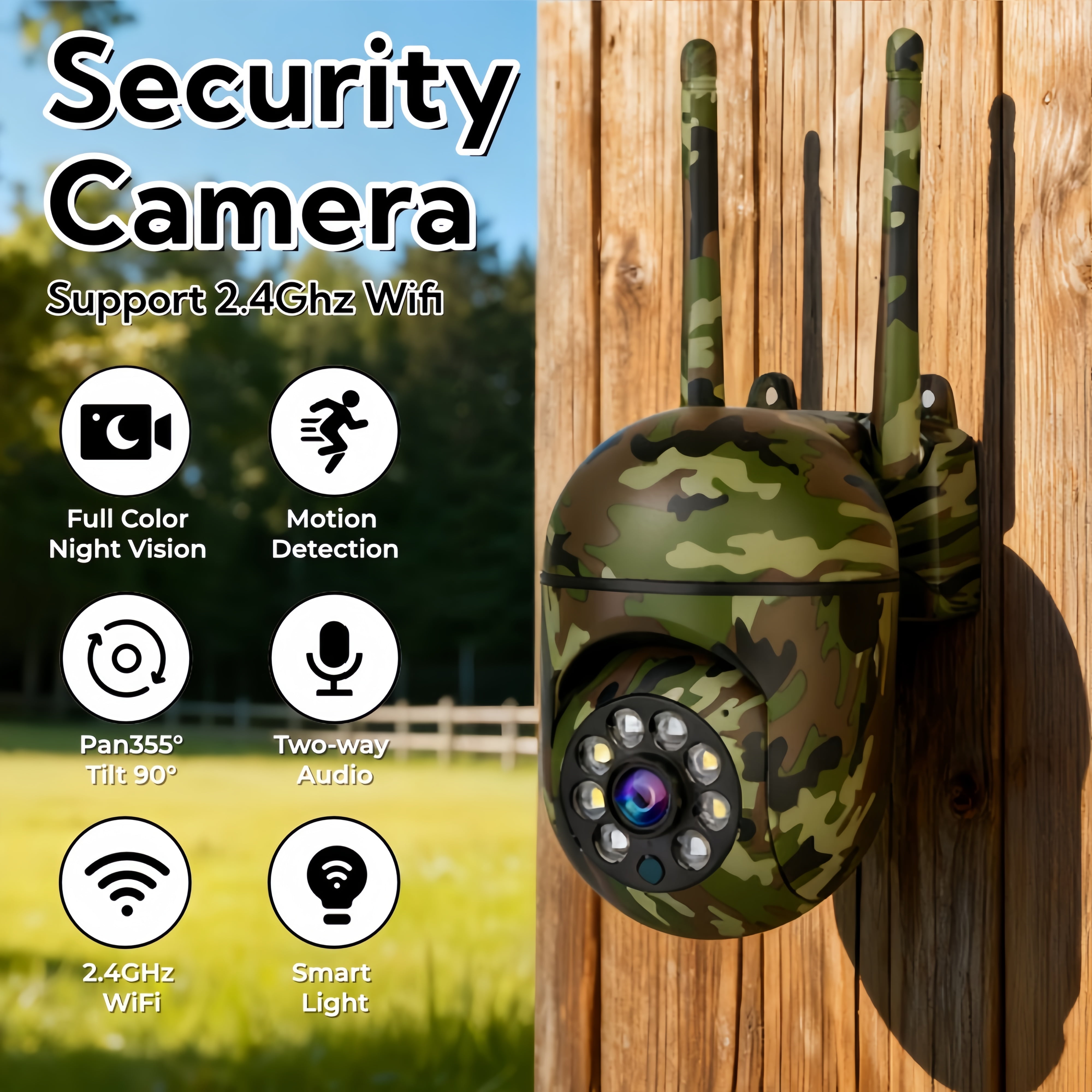 Outdoor Camouflage PTZ Security Camera, 1080P Full-Color Night Vision, Dual Antenna 2.4G WiFi, Motion Detection, Two-Way Audio, Waterproof Surveillance Camera.