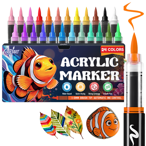 COORIART 24 Colors Acrylic Paint Markers, Soft Brush Tip Pens, Automatic Ink Control No Bleed Markers Set for Wood, Stone, Canvas, Glass, Fabric, Egg, Rock Painting and DIY