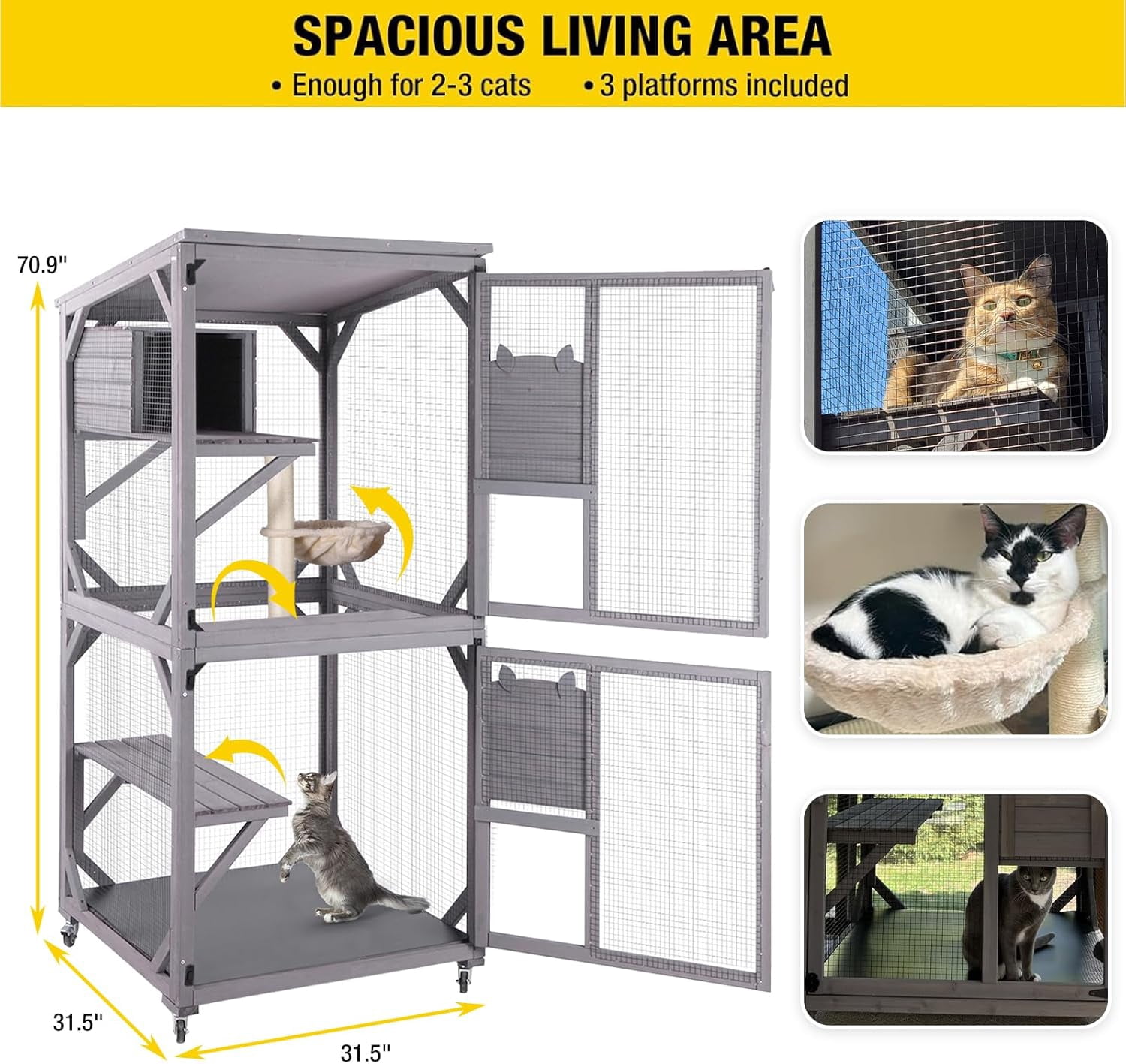 Cat House Outdoor Catio Cat Enclosures on Wheels 70.9" Kitty House with Upgraded Resting Box,Waterproof Roof