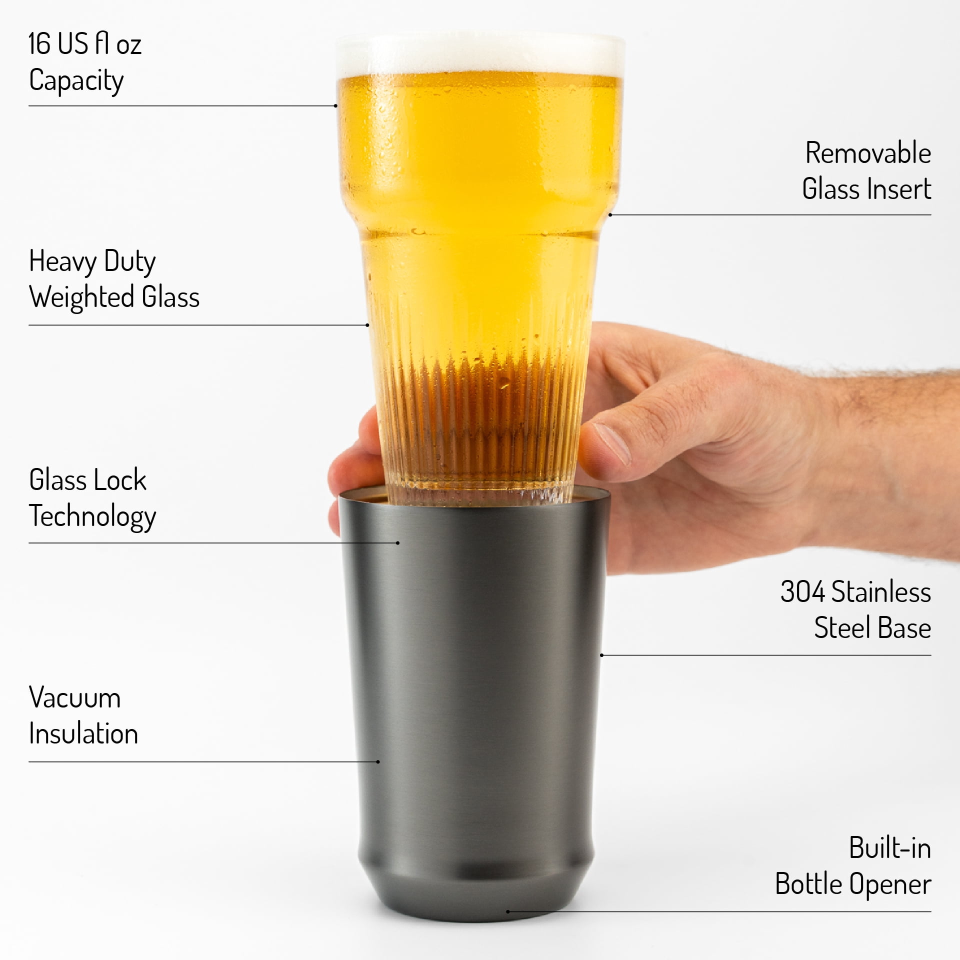 Elevated Craft Hybrid Vacuum Insulated Stainless Steel Base with Removable Pint Glass Insert, Ideal Insulation for Beers & Cold Beverages with Built-in Bottle Opener, Durable & Stylish, Black (16 oz)