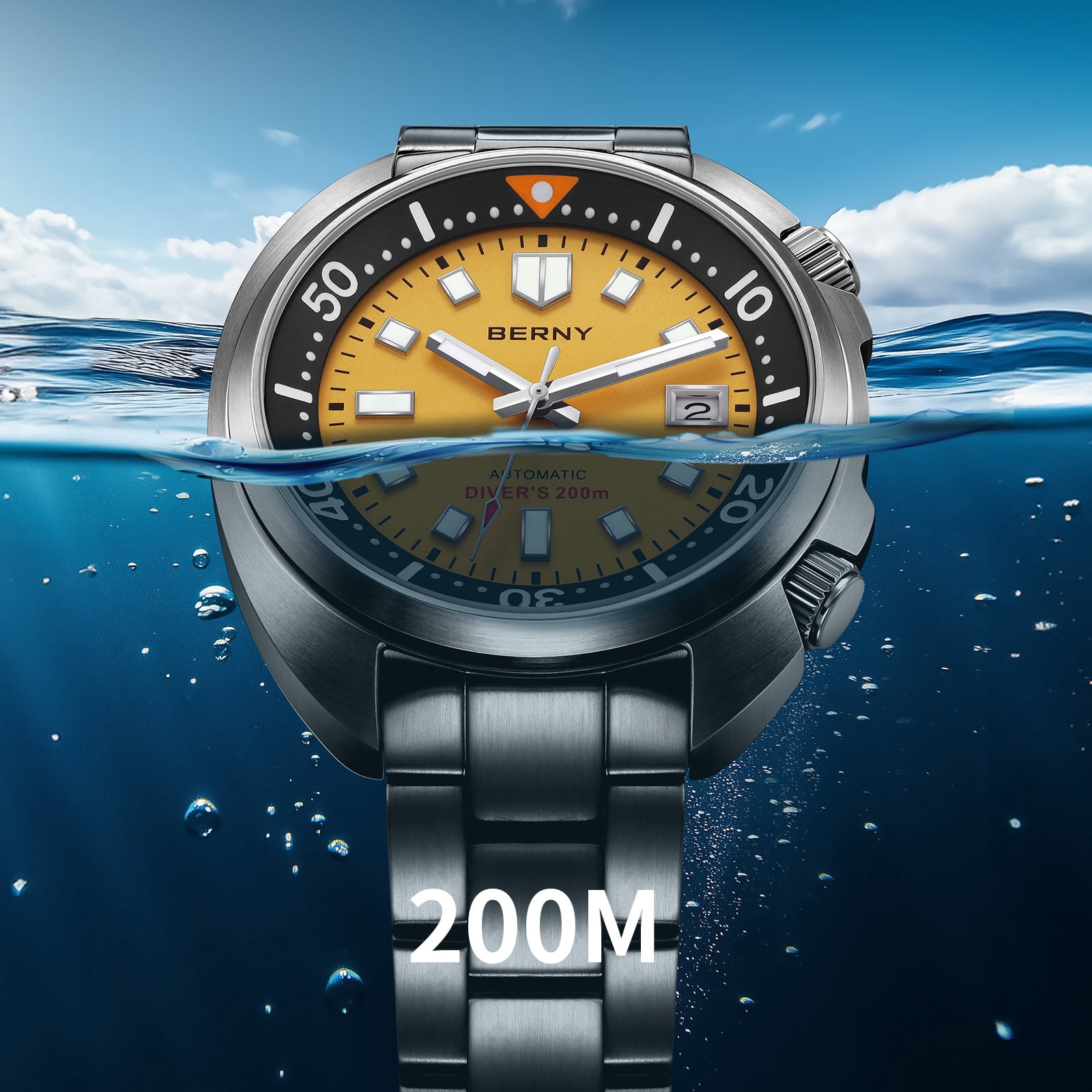 BERNY Automatic Dive Watches for Men, Sport 200M Waterproof Analog Mechanical Watch with Date Display, Super Luminous, Stainless Steel, Sapphire Crystal, Fashion Men's Diver Watch (Yellow)