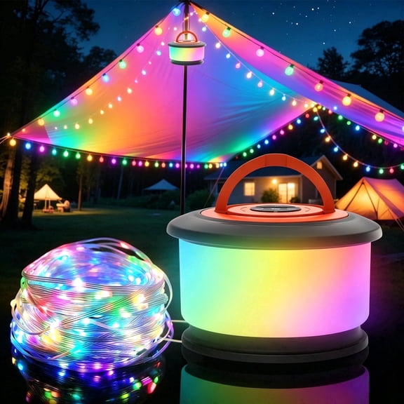 KOBAIBAN 3-in-1 Camping Lights, 32.8FT Rechargeable Camping String Lights with 19 Lighting Modes, IPX4 Waterproof LED Tent Lights for Camping Yard Patio, Black Orange