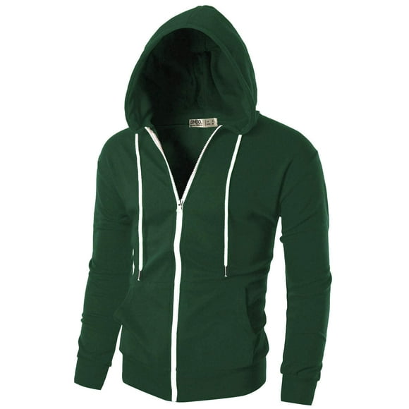 Ohoo Mens Slim Fit Long Sleeve Lightweight Zip-up Hoodie With Kanga Pocket/DCF002-GREEN-L
