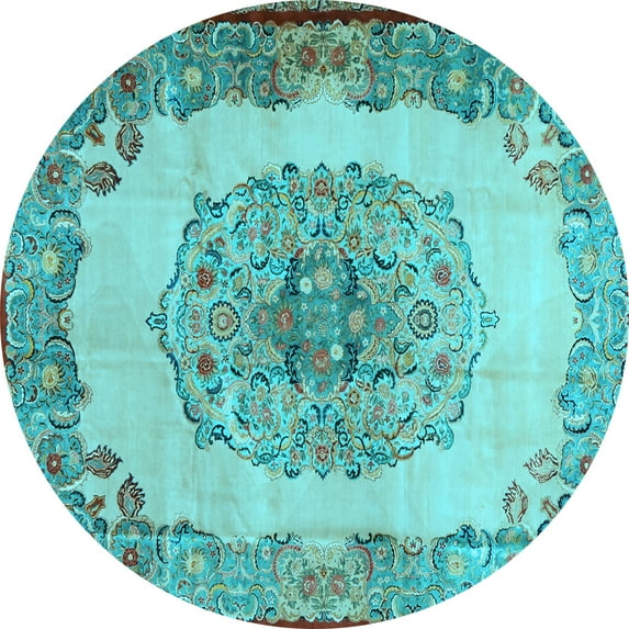 Ahgly Company Indoor Round Medallion Light Blue Traditional Area Rugs, 3' Round