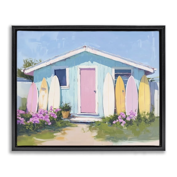 Stupell Industries Coastal Cabin with Pastel Surfboards Black Floating Frame Canvas Art, 21 x 17, by Arlington Prints