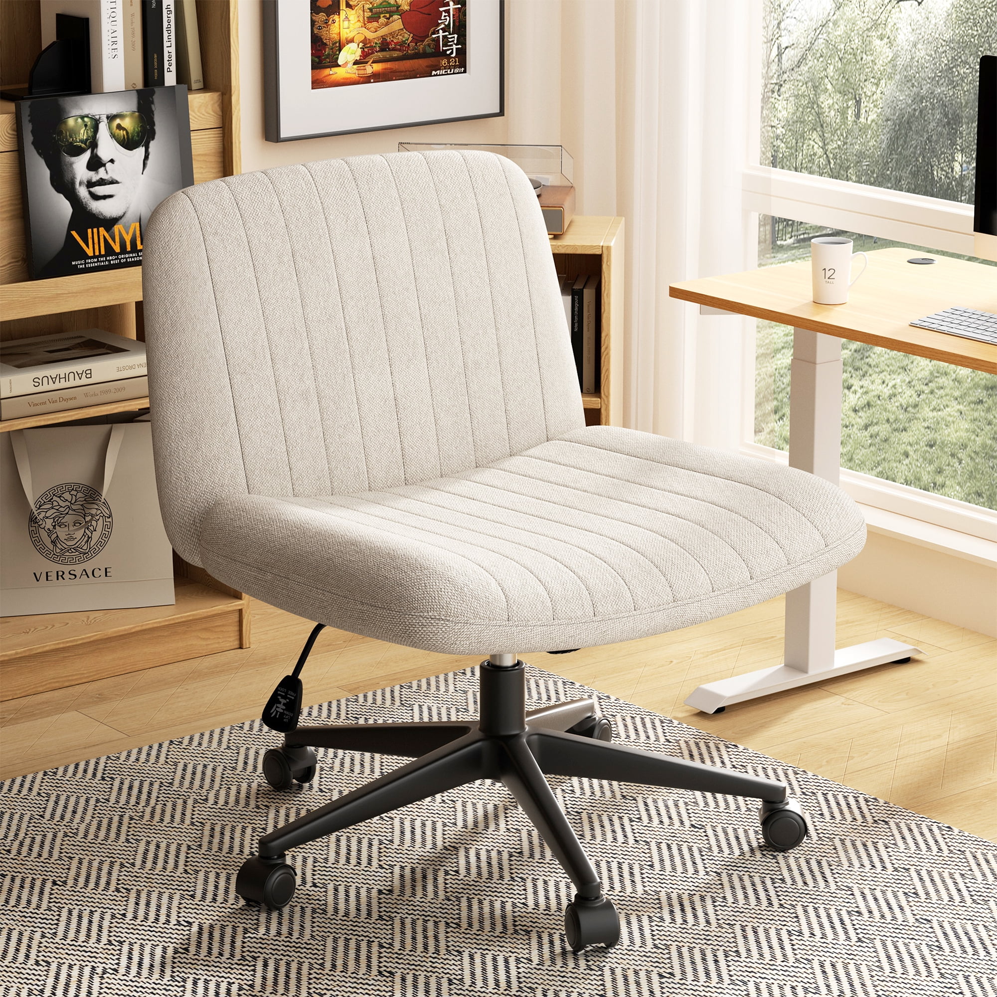 Walsunny Armless Criss Cross Home Office Chair, Fabric Vanity Desk Chair with Wheels, Wide Seat Swivel Task Computer Chair, White