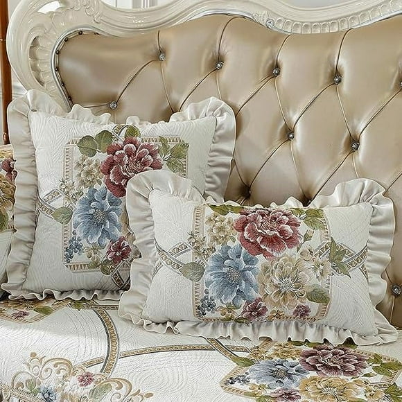 Nvzi Juego de 2 fundas de almohada decorativas de jacquard con funda de cojín cuadrada de chenilla súper suave con volantes (crema, 18" x 18")