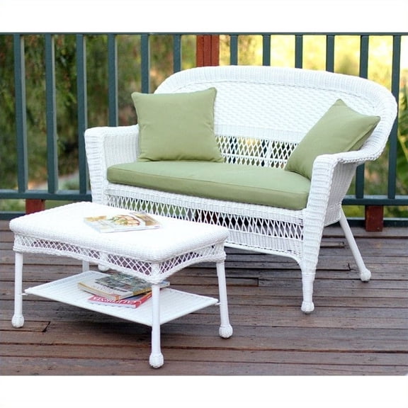 Jeco Wicker Patio Love Seat and Coffee Table Set in White without Cushion