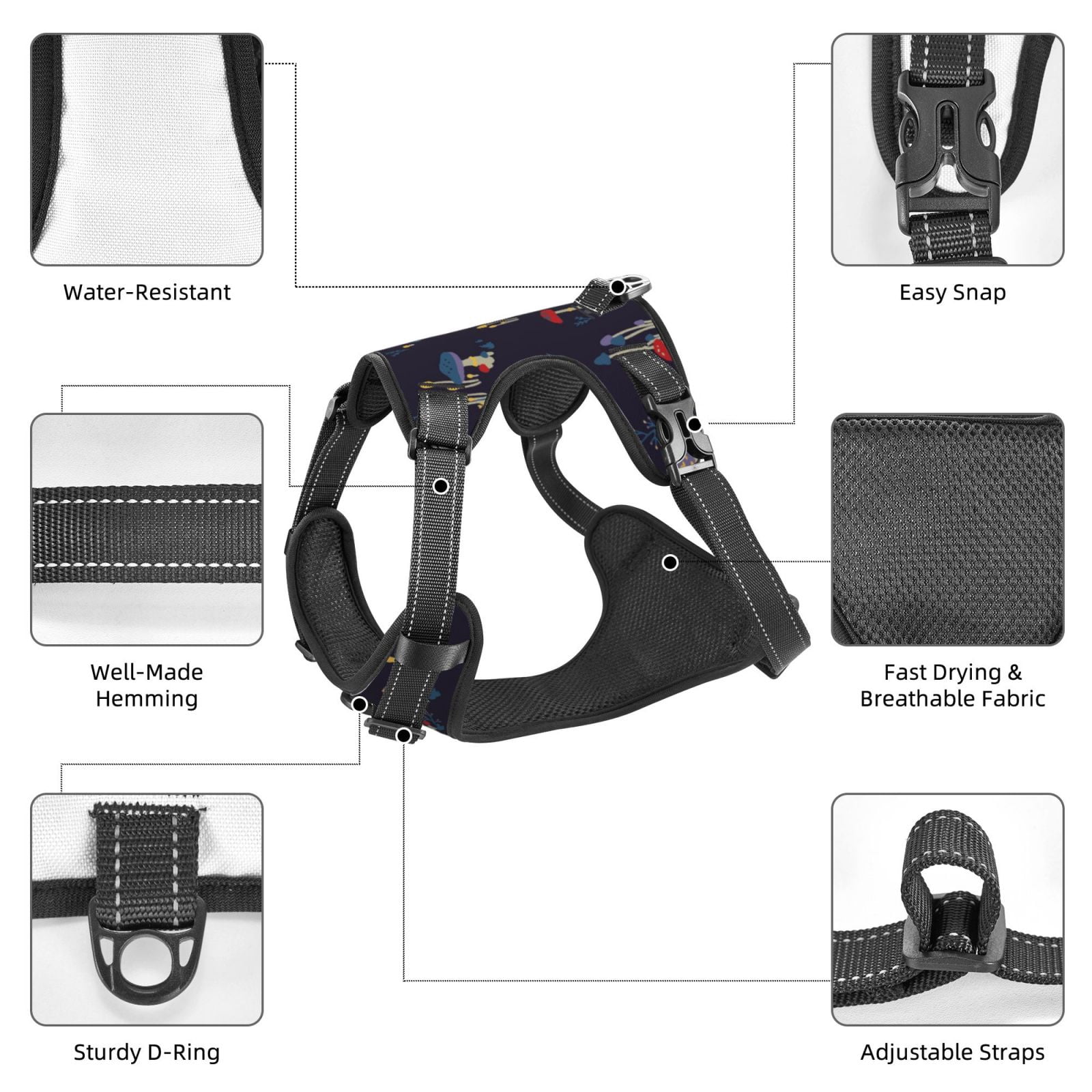 Vsdgher Mushrooms3 Pattern Dog Harness,No Pull Pet Harness with Soft Padded Handle,Adjustable Reflective Vest with 2 Buckles,4 Slide Buckles,S-XL Large