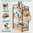 thumbnail image 7 of 3-Tier Bathroom Counter Organizer with Drawer, Wooden Vanity Skincare Storage Shelf with Thickened Metal Frame, Countertop Shelf with Basket & Hooks for Makeup Organization, Light Brown, 7 of 7