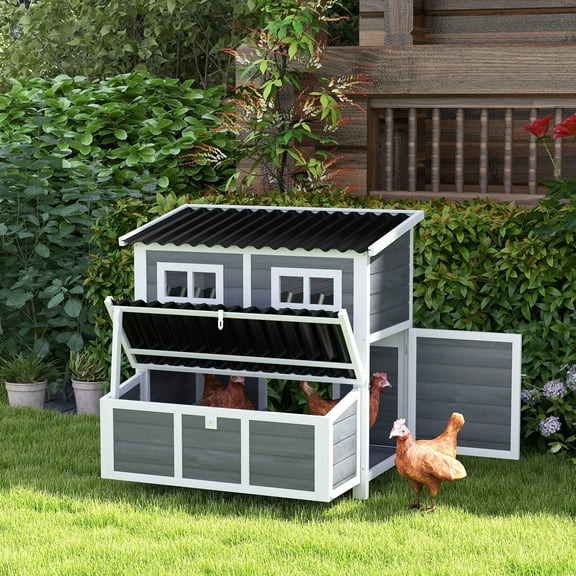 PawHut Wooden Chicken Coop, 39" Chicken House with Nesting Box, Pull-Out Tray, Waterproof Roof, for 4-6 Chickens, Rabbits, Light Gray