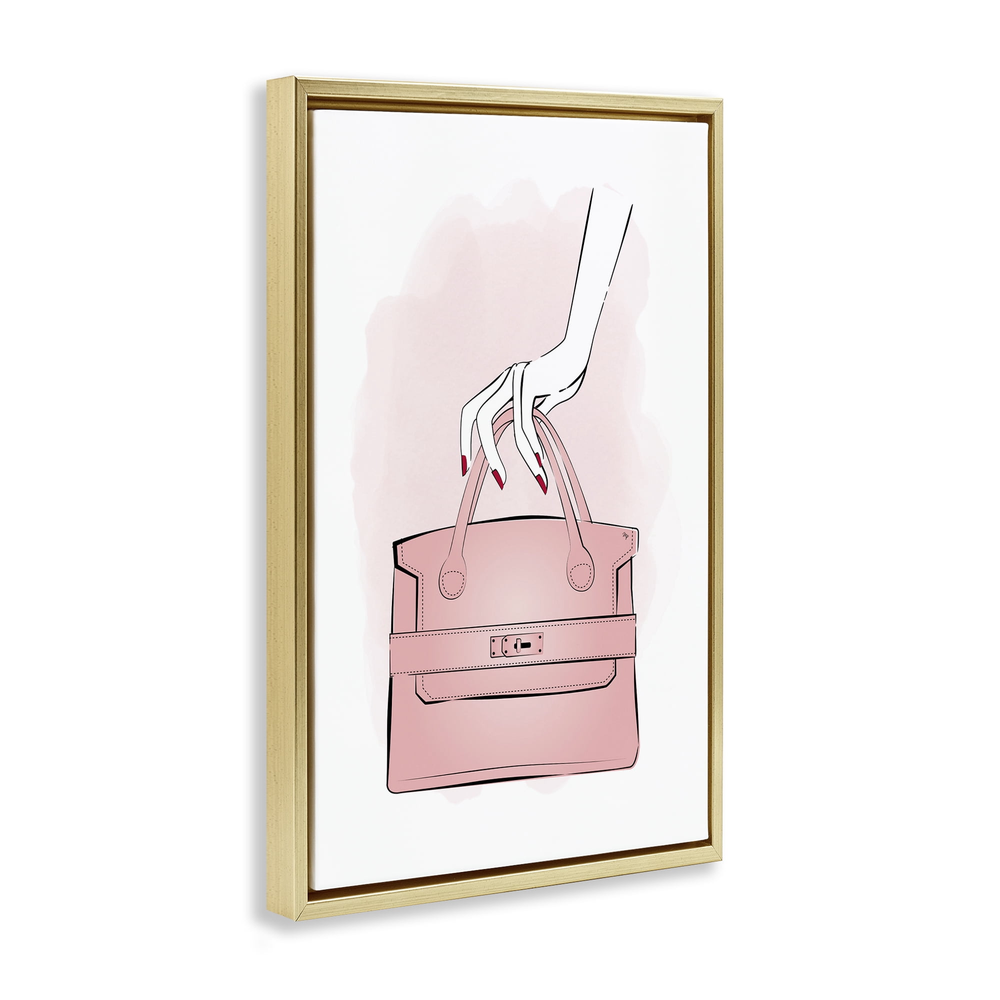 Stupell Industries Holding Pink Purse Beauty & Fashion Painting Gold Floater Framed Art Print Wall Art, 21 x 31
