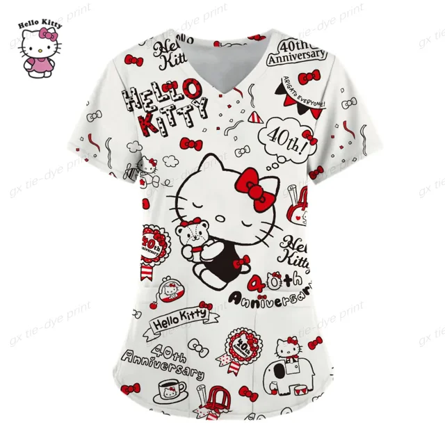 Camiseta con cuello en V para trabajadores del cuidado de Hello Kitty, ropa de trabajo de clínica, Tops de manga corta, uniforme de enfermera estampado