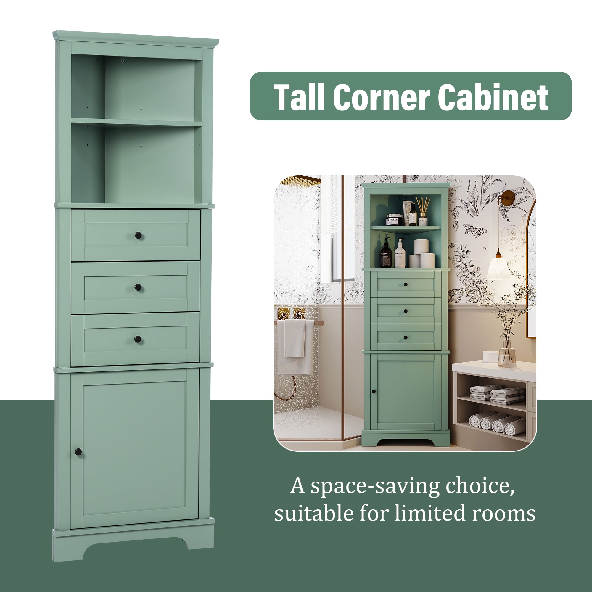 Euroco Durable Corner Cabinet with Adjustable Shelves, Heavy-Duty Metal Handles, and Safety Drawer Stoppers – Stylish, Space-Saving Storage Solution for Bathrooms, Kitchens, and More