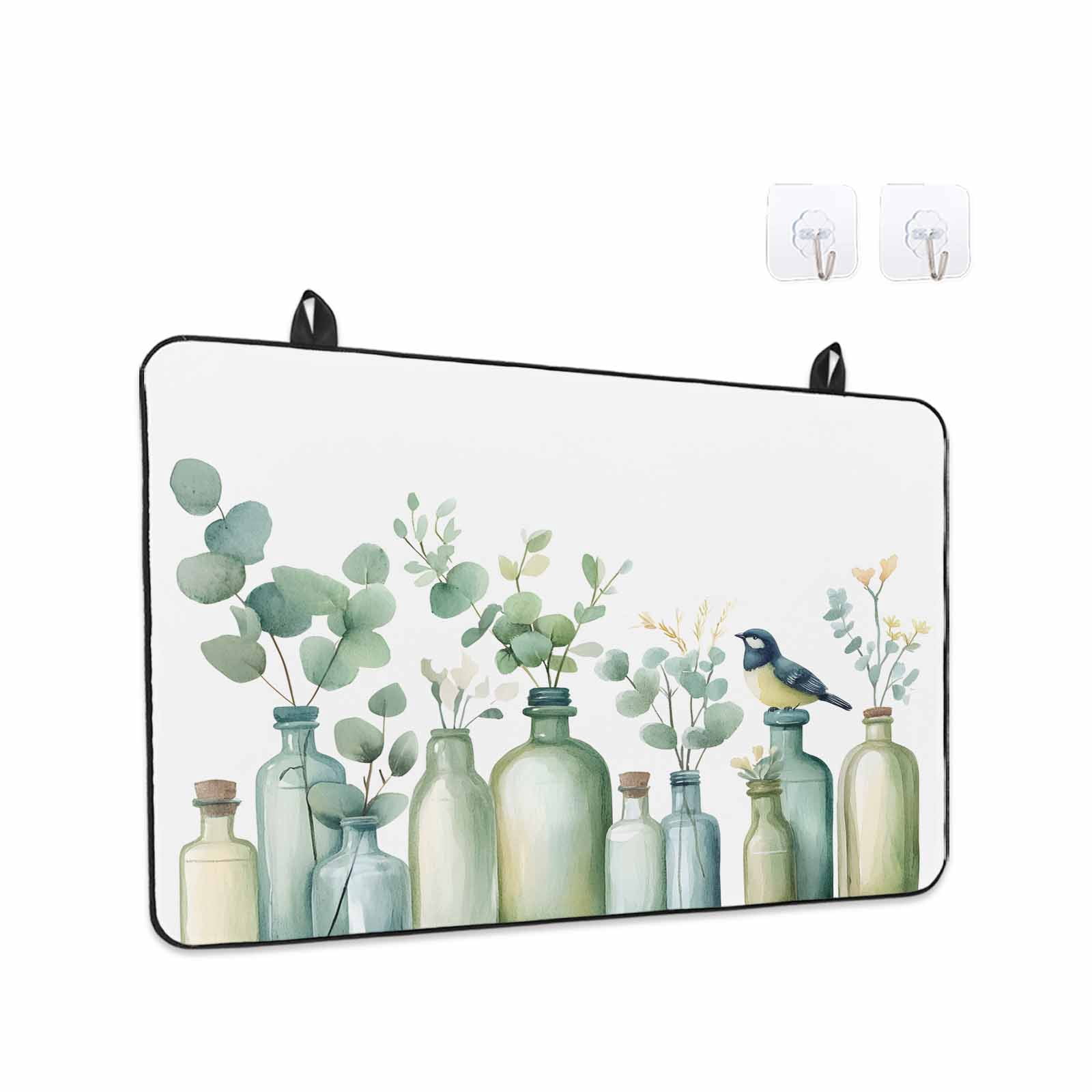 Teal Eucalyptus Leaves Stove Top Cover for Electric Stove, Heat-proof & Non Slip Glass Top Stove Cover Protector, Botanical Vase Birds Kitchen Flat Cooktop Rubber Mat 24x21 Inches