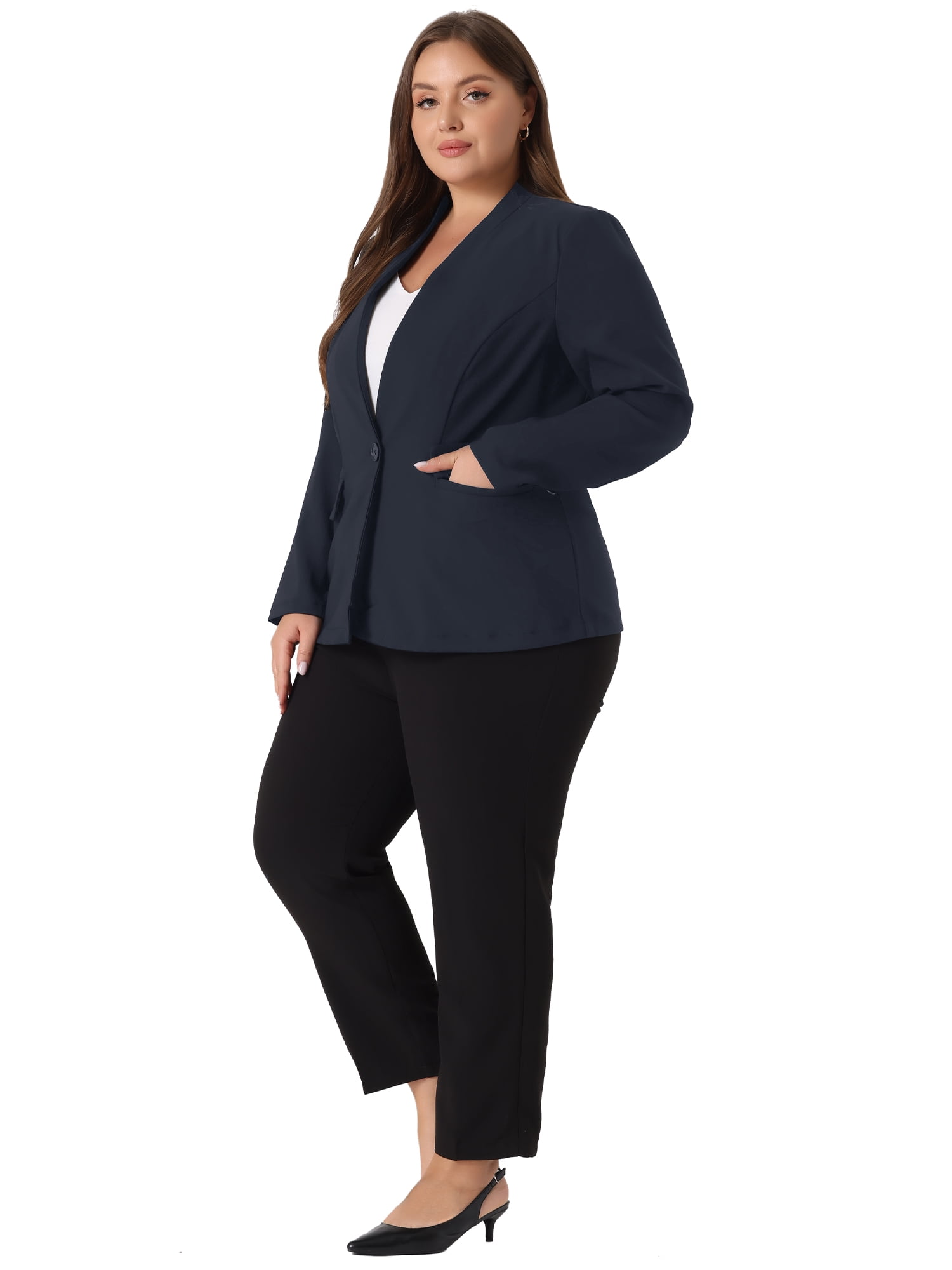 DARING DIVA Women's Plus Notched Lapel Long Sleeve Office Work Blazer Jacket 4X Navy Blue