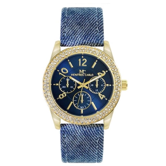 38mm Montres Carlo Women's Fashion Luxury Faux Leather Band Analog Dress Watch (Gold/Blue)