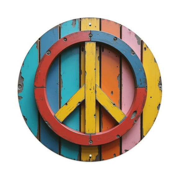 Vintage Wall Decor Peace Sign Colorful Wooden Planks Wall Plaque Sign Round Metal Tin Sign Round Welcome Door Hanging, Suitable for Home Garden Kitchen Bar Cafe Restaurant Garage Wall Decor 8x8 Inch