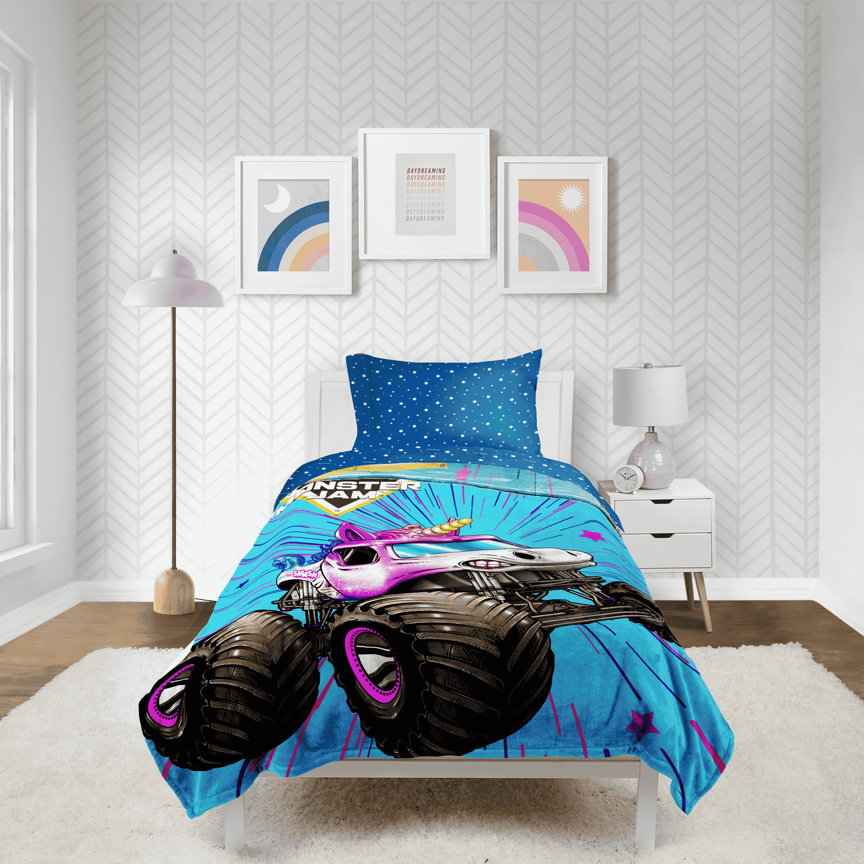 Monster Jam Sparkle Smash 62" x 90" Silk Touch Blanket, Polyester, Pink & Blue, Feld Entertainment